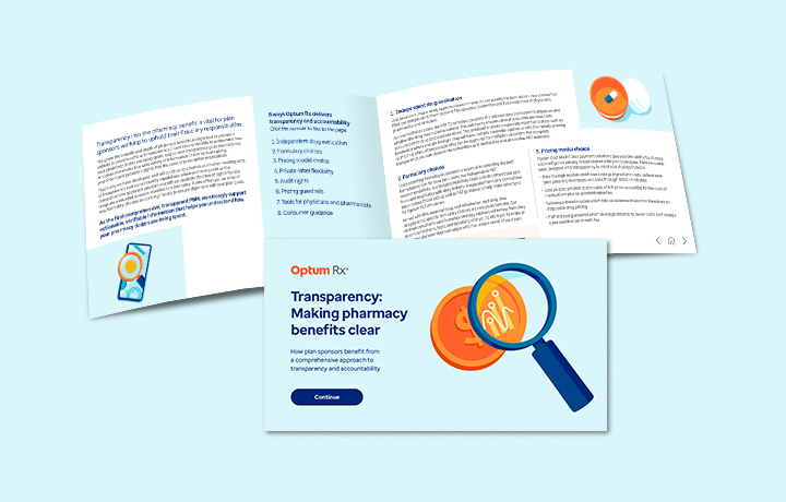 Cover and inside page of the e-book titled ‘Transparency: Making pharmacy  benefits clear’